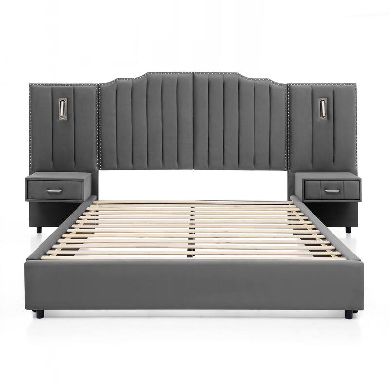 Queen Size Upholstered Bed Frame , Vertical Stripe Design with Buttons Around Platform Bed with Headboard