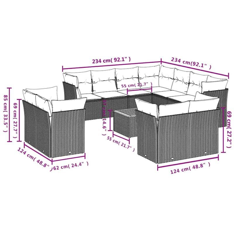 vidaXL Patio Sofa Set with Cushions Outdoor Furniture 12 Piece Poly Rattan - 24.4 x 24.4 x 27.2