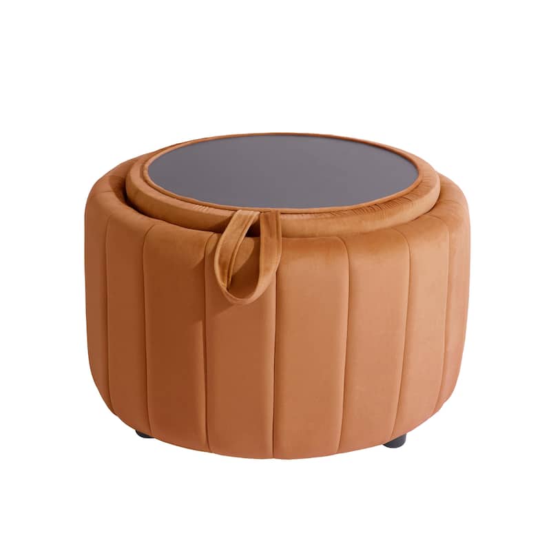 30" W Round Velvet Upholstered Storage Ottoman with Flip Top Tray