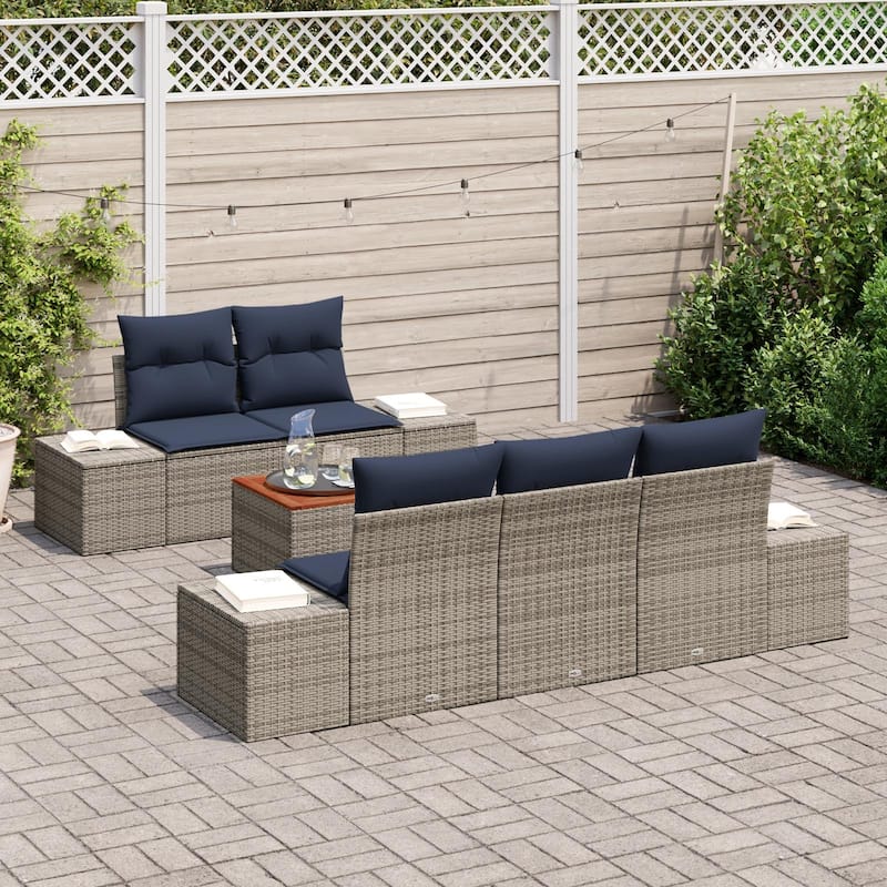 vidaXL 6 Garden Sofa Set with Cushions Black/Grey Poly Rattan - 94.1 x 24.4 x 27.2