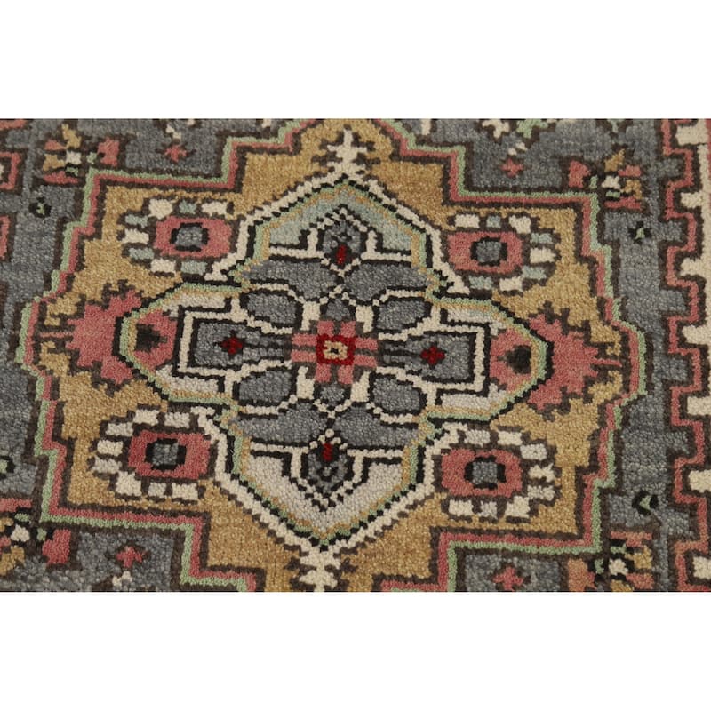 Hand Knotted Oriental 100% Wool Carpet Traditional Geometric Greys & Charcoal Heriz (serapi) Runner Rug - 7' 11'' X 2' 7''