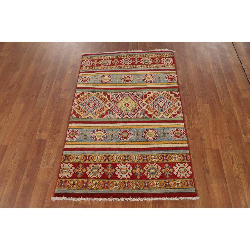 Multi-Color Geometric Kazak Foyer Rug Hand-Knotted Wool Carpet - 2'6"x 4'0"