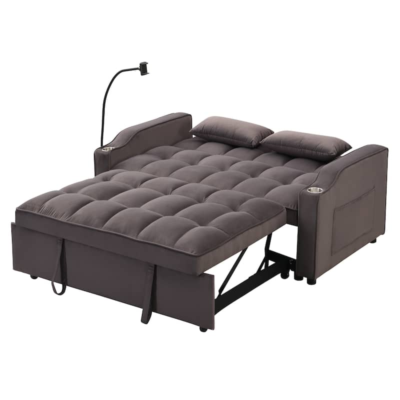 Charcoal Grey Modern Velvet 3 in 1 Convertible Sleeper Loveseat Futon Sofa with Adjustable Reclining Backrest and Toss Pillows