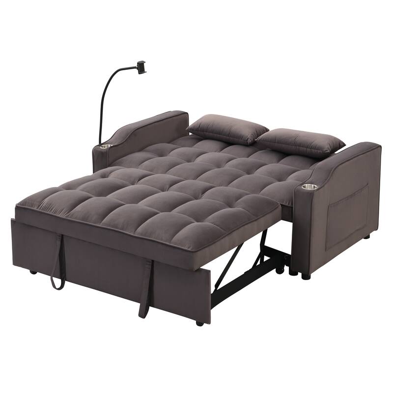 Charcoal Grey Velvet Sofa Bed with Trundle Full Size Convertible Adjustable Back USB Charging Easy Assembly