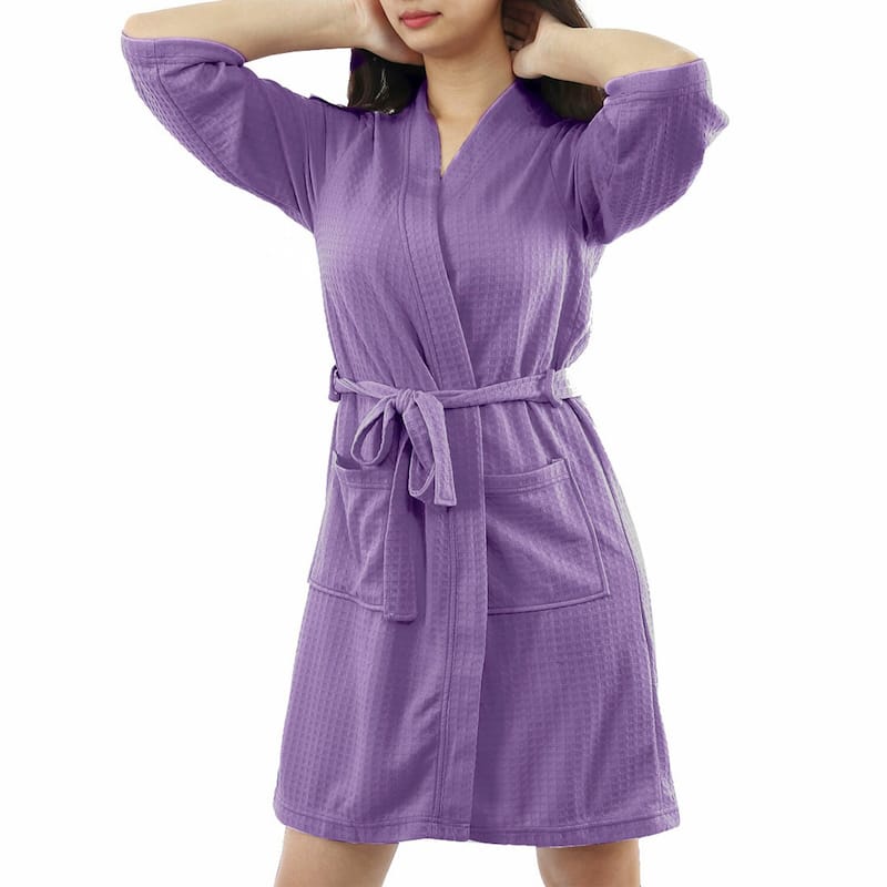 Women's Nightgown 3/4 Sleeve Kimono Robe Waffle Bathrobe with Pockets - Purple - M