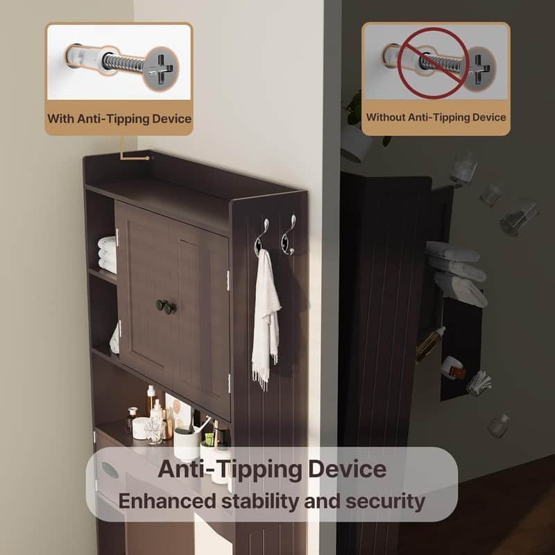 66''H Over The Toilet Storage Cabinet, Bathroom Storage Organizerwith 2 Doors, Paper Holder and Racks, Adjustable Shelf