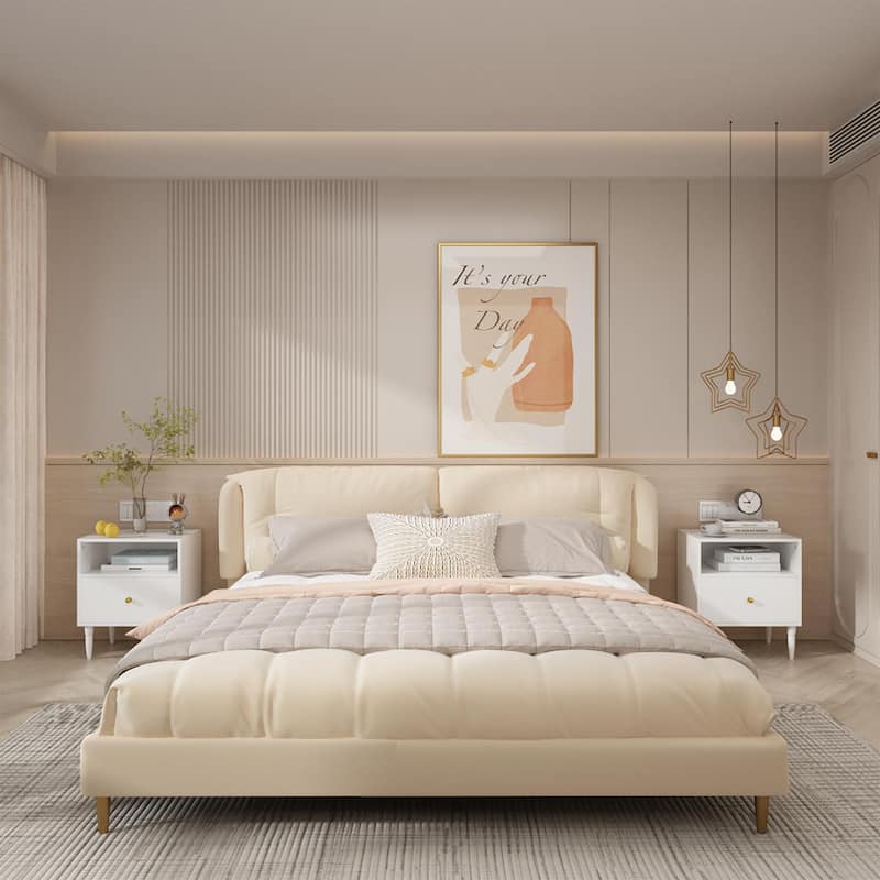 Modern Nightstand with Drawer and Open Shelf, Bedside Table with Gold Knob, Solid Wood Legs, Small End Table for Bedroom