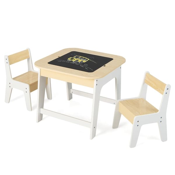 slide 2 of 10, Gymax 3-in-1 Kids Wooden Table & 2 Chairs Set w/ Storage Detachable Natural + White