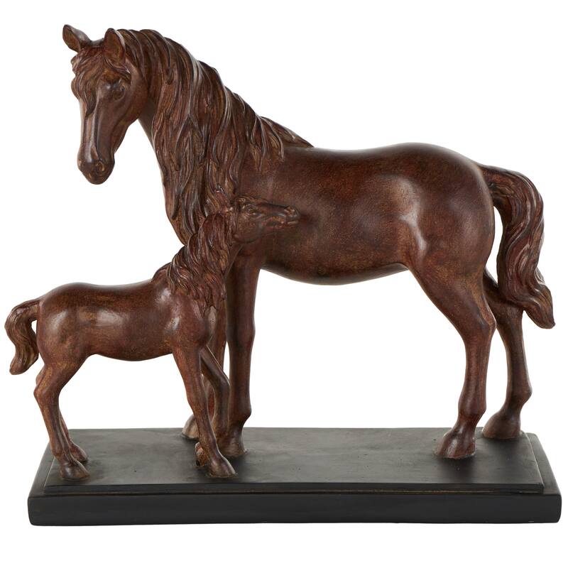 Dark Brown Ceramic Mom and Baby Horse Decorative Sculpture with Black Rectangle Base - Dark Brown