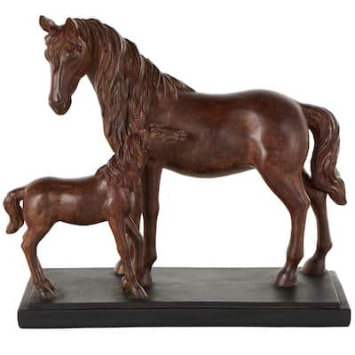 Dark Brown Ceramic Mom and Baby Horse Decorative Sculpture with Black Rectangle Base