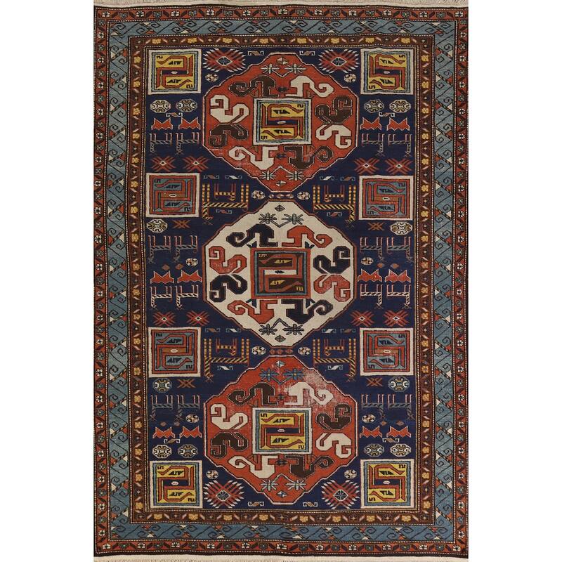 Hand Knotted Oriental 100% Wool Carpet Traditional Tribal Navy Blue & Blues Kazak Area Rug - 10' 0'' X 6' 7''