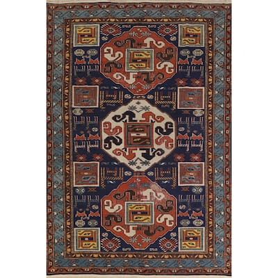 Hand Knotted Oriental 100% Wool Carpet Traditional Tribal Navy Blue & Blues Kazak Area Rug - 10' 0'' X 6' 7''