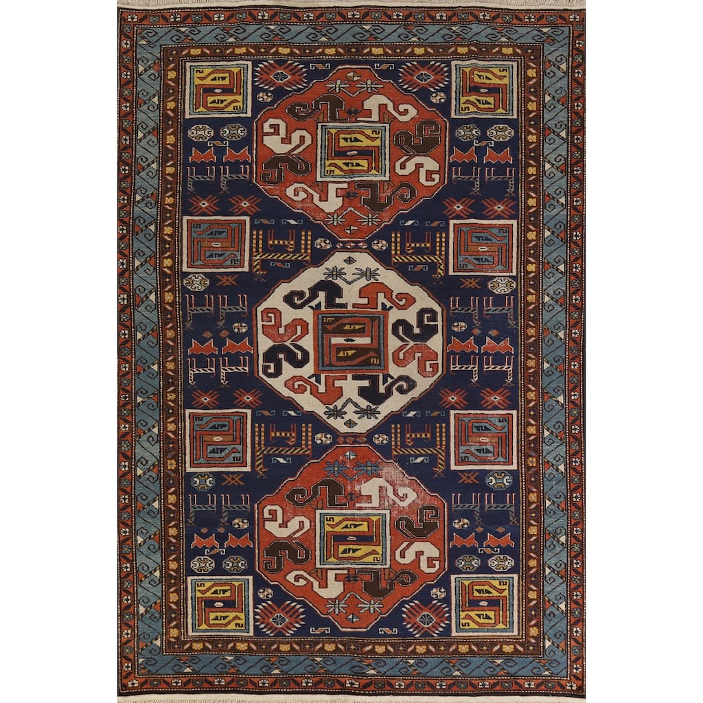 Hand Knotted Oriental 100% Wool Carpet Traditional Tribal Navy Blue & Blues Kazak Area Rug - 10' 0'' X 6' 7''