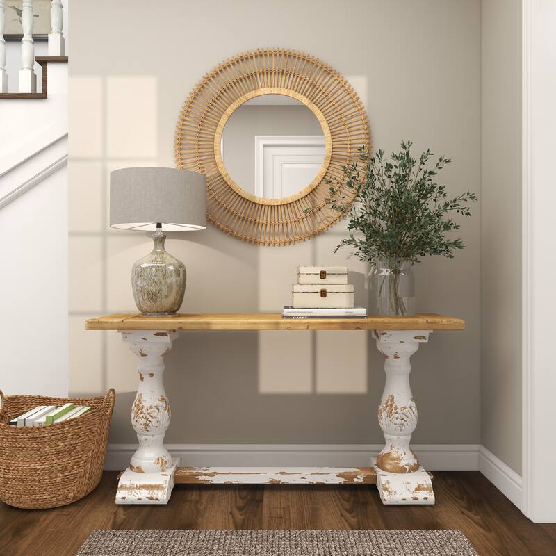 Bamboo Wood Starburst Handmade Stick Wall Mirror with Wrapped Rattan - Cream or Brown - Roche River Decor - Brown - 37"W, 37"H