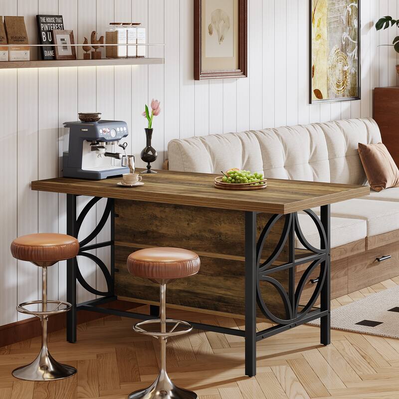 2-Tier Long Kitchen Bar Height Table with Footrest, Rustic Brown