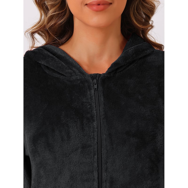 Womens Flannel Robe Fluffy Plush Long Zip Front Bathrobe with Pockets Warm Soft Zippered Bathrobes