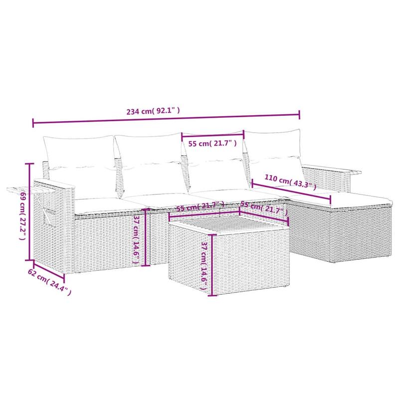 vidaXL 6 Piece Patio Sofa Set with Cushions Black Poly Rattan - 21.7 x 24.4 x 27.2