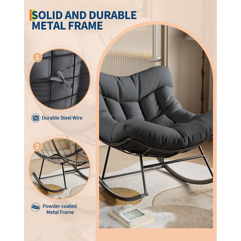 Outdoor Papasan Rocking Chair, Oversized Rocking Chair with Sturdy Metal Frame, Patio Rattan Egg