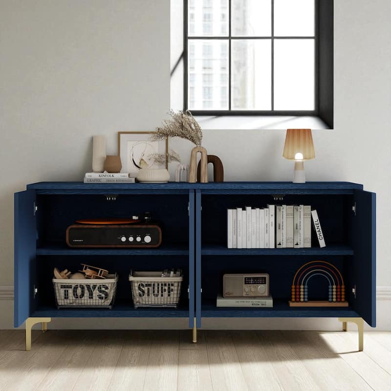 Modern 4-Door Sideboard with Carved Texture, Adjustable Shelves, Wood Veneer & High Gloss Finish