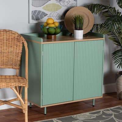 Tavita Mid-Century Modern Two-Tone Mint Green and Oak Brown Finished Wood 2-Door Sideboard Buffet