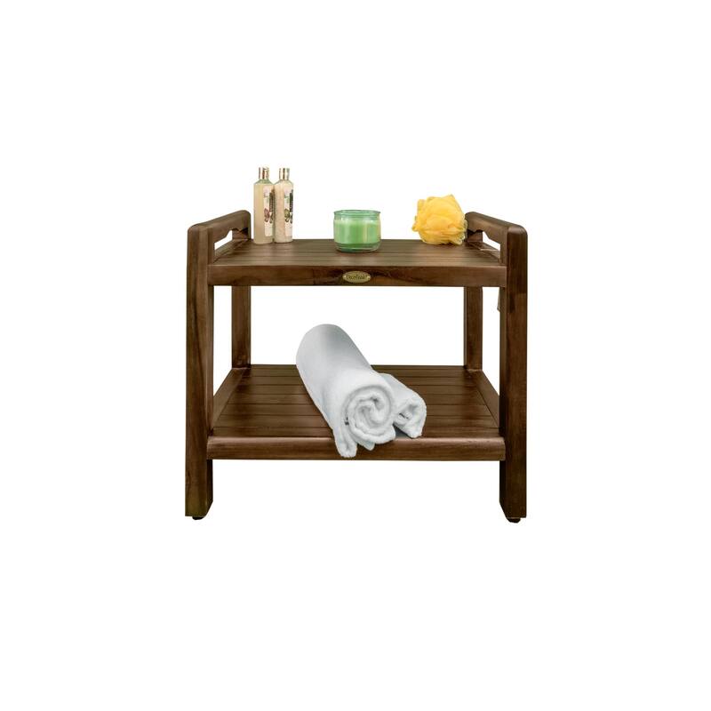 DecoTeak Eleganto 24 inch Extended Height Teak Shower Stool With LiftAide Arms And Shelf - WoodLand Brown Finish