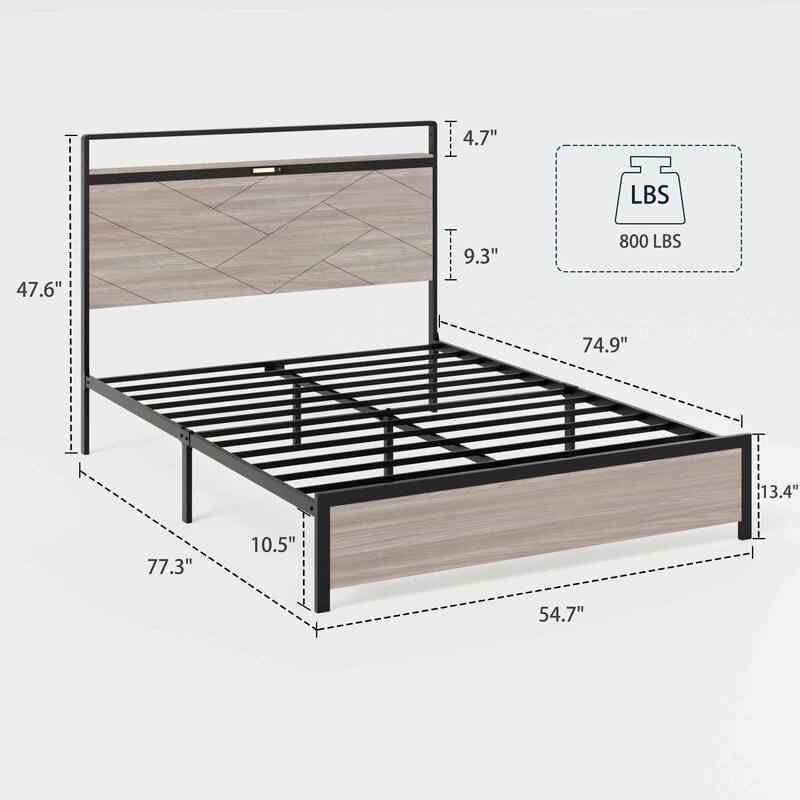 Wooden Platform Bed Frame with Storage, LED Light Headboard and 2 USB Ports, No Noise