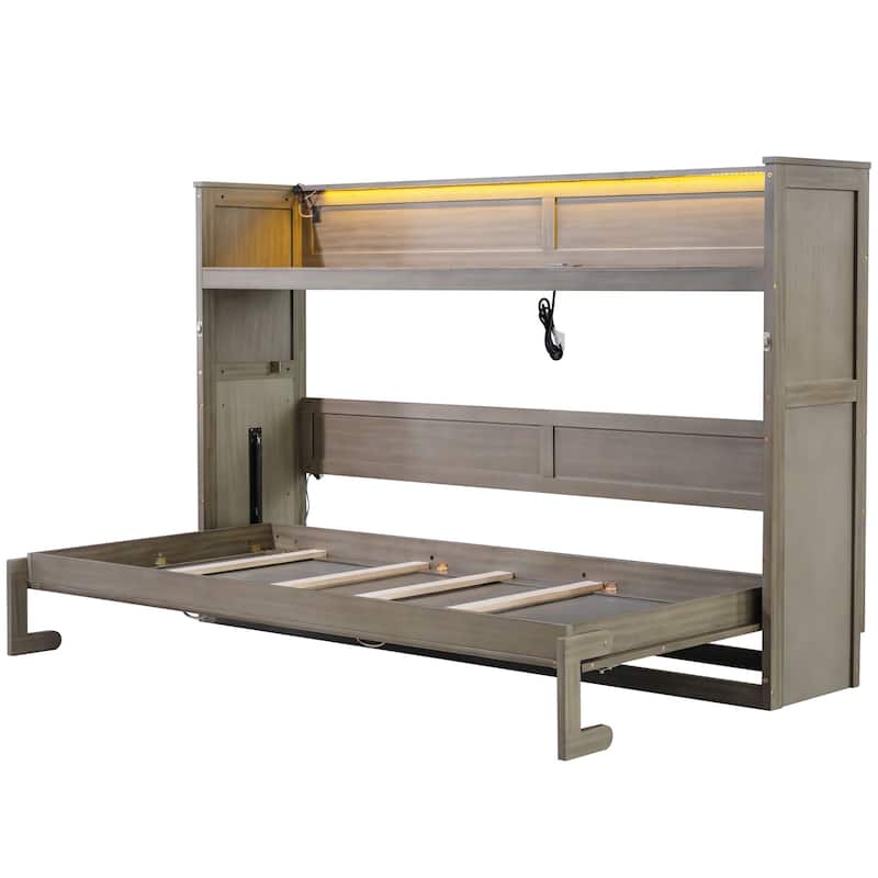 Twin XL Size Murphy Bed with Desk,LED Light - Gray Wash