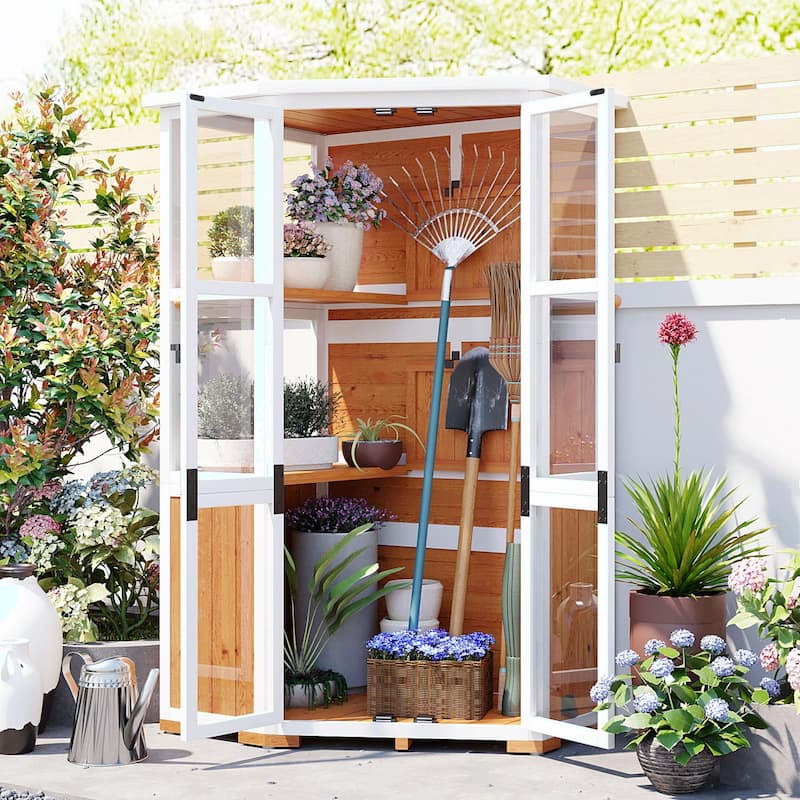 Outdoor Tool Storage Shed - Garden Wood Cabinet with Waterproof Mini Greenhouse Cold Frame - Yellow