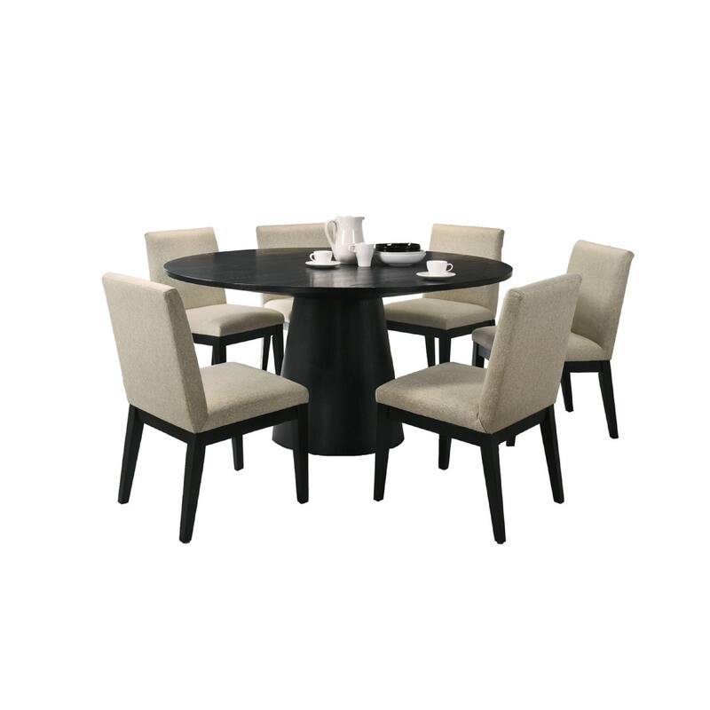 Bili 7pc 59 Inch Round Dining Table Set w 6 Beige Chairs, Black Wood