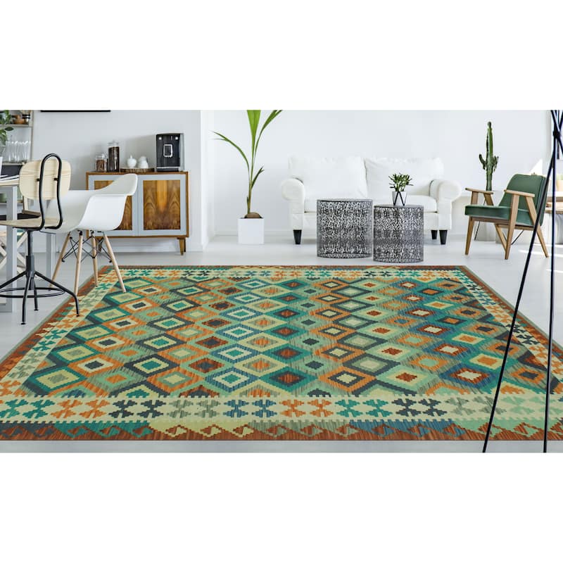 Hand-Woven Sangat Kilim Zehra Rust/Blue Rug - 6'9" x 9'7"