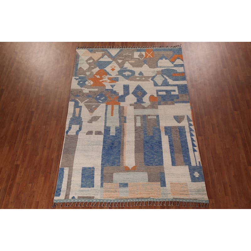 Contemporary Moroccan Abstract Area Rug Hand-Knotted Wool Carpet - 7'1"x 10'4"