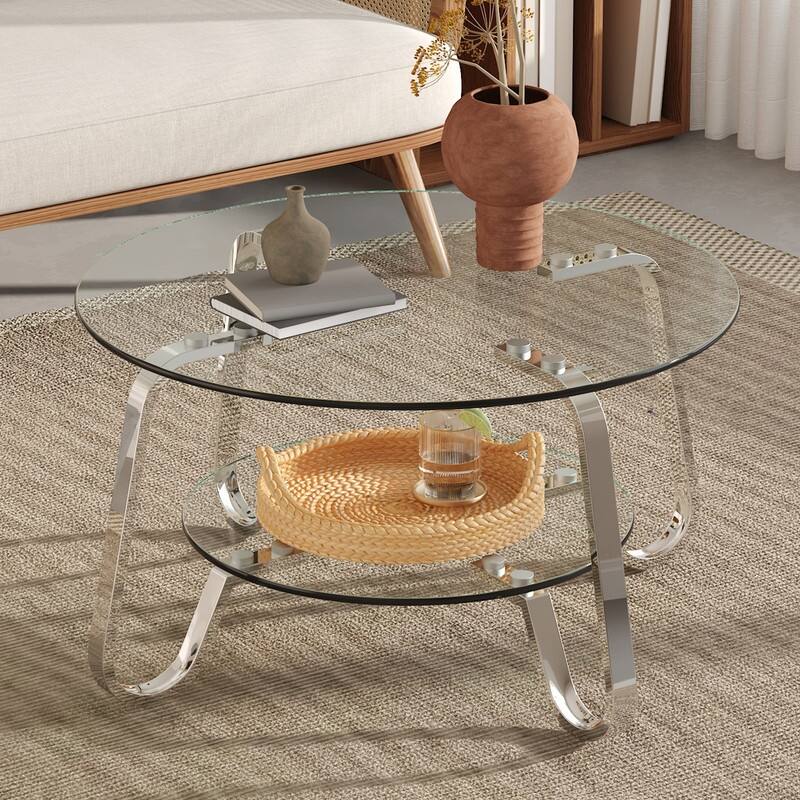 Vintage Minimalist Metal & Glass Coffee Table - 31.5" Square, Double Layer Tempered Glass