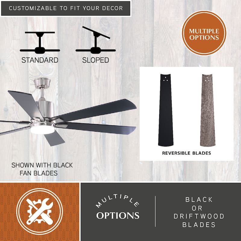 VAXCEL Wheelock Satin Nickel Outdoor Ceiling Fan, Reversible Black-Driftwood Blades, LED Light Kit, Remote 6 Speeds, DC Motor