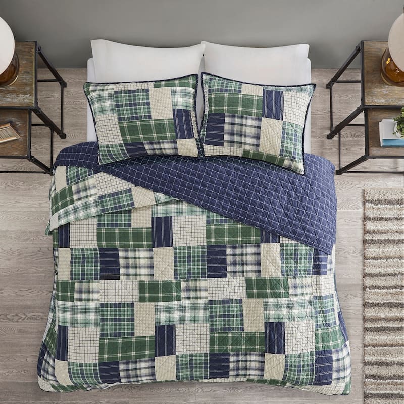 3 Piece Reversible Printed Quilt Set Green / Navy King/Cal King