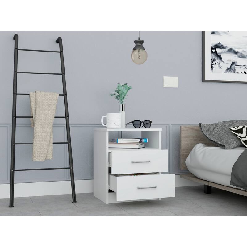 Modern White Nightstand with Two Drawers and Shelf - Compact Side Table for Bedroom or Living Room