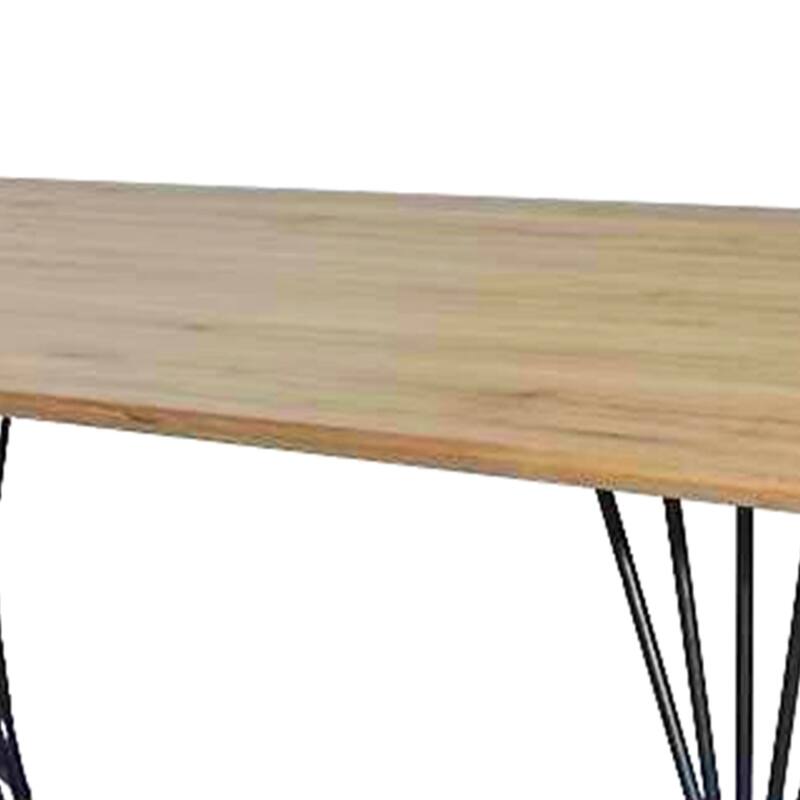 80 Inch Dining Table, Natural Oak Brown Top, Dual Pedestal Metal Base