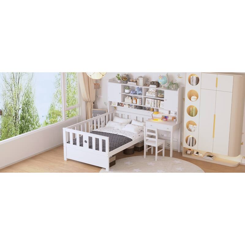 Twin Size Multifunctional Wood Platform Bed with Bookshelf,Built-in Desk and Matching Chair