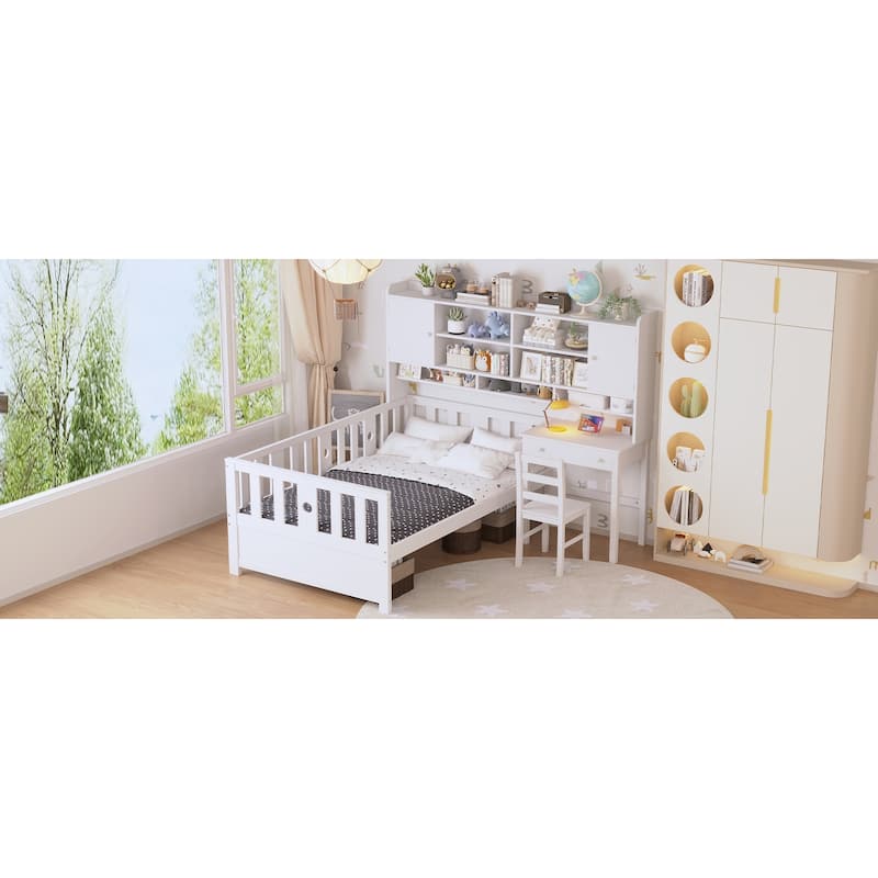 Twin Size Multifunctional Wood Platform Bed with Bookshelf at the Head of the Bed, Built-in Desk and Matching Chair, White