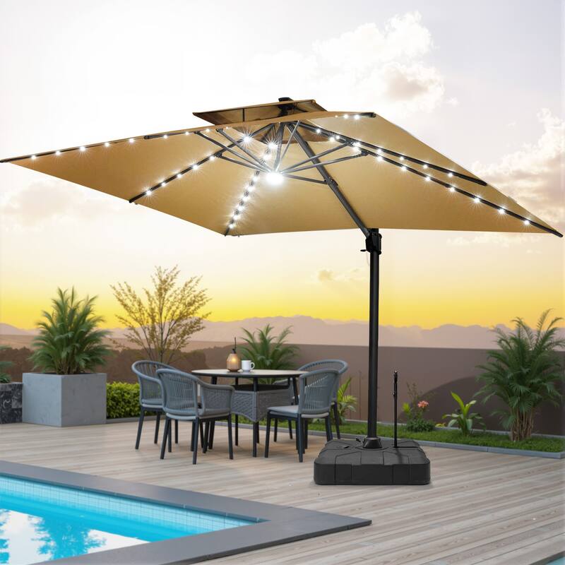 Pellebant 10X13 FT Outdoor Double Top Cantilever Patio Umbrella Solar LED Light with Rod Base