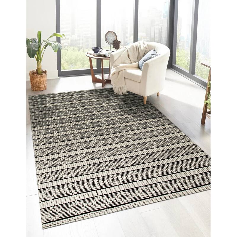 Home Decor EORC Handwoven Wool Durrie Kilim Rug, Black Stylish & Durable Area Rug for Adding a Modern Touch to Your Living Room - 4' x 6' - Black