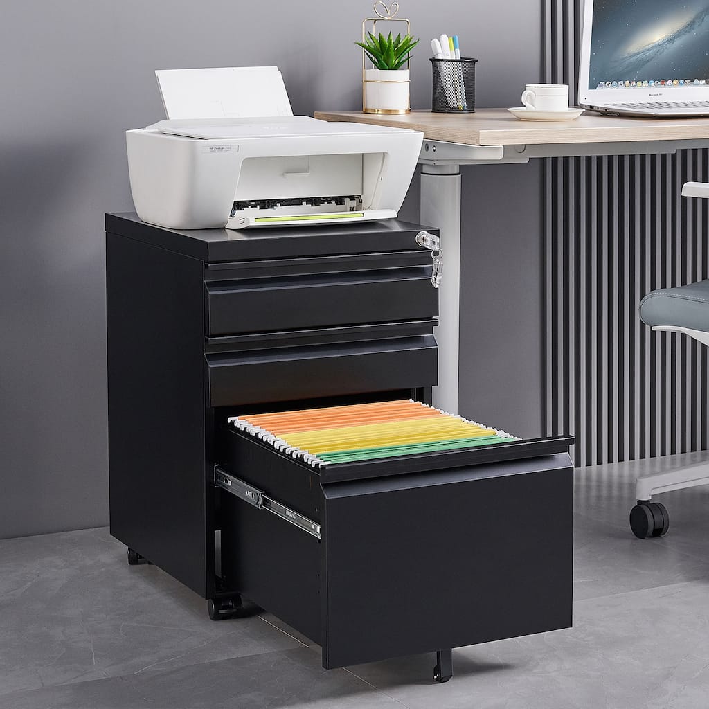Modern 3-Drawer Mobile Filing Cabinet with Lock, Stationery Drawers and Removable Hanging Rods, for Home Office