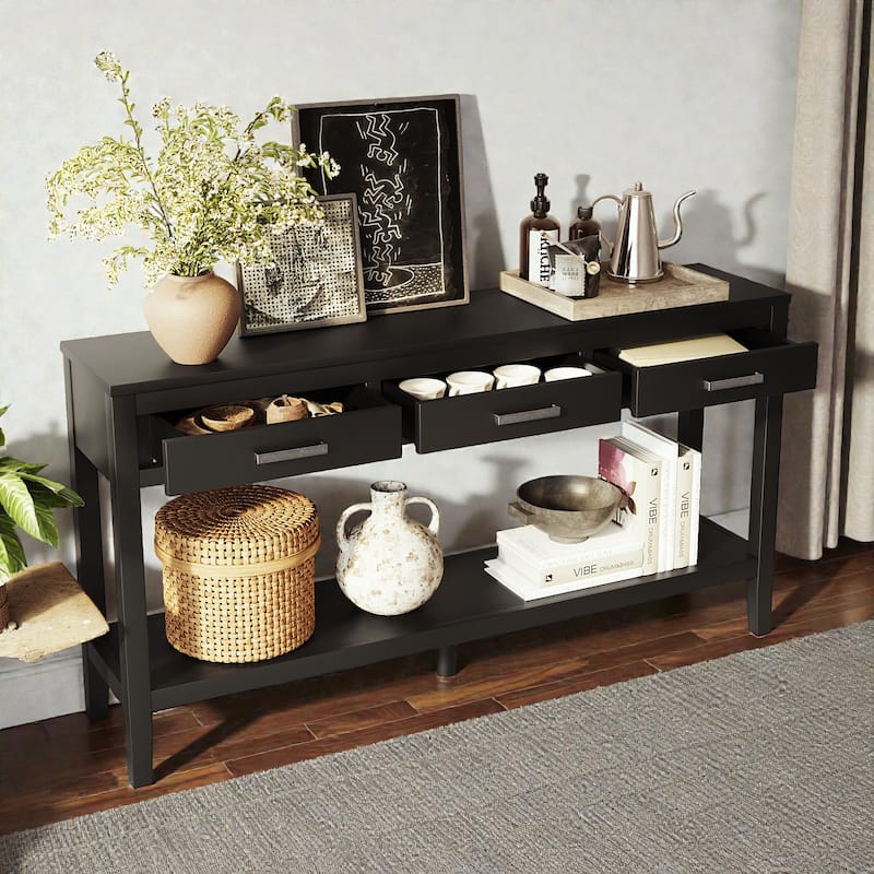 59.1 Inch Farmhouse Console Table with 3 Drawers and Bottom Shelf, Painted Entryway Sofa Table
