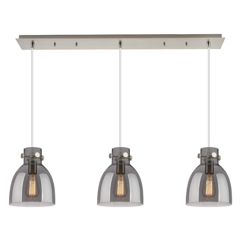 Innovations Lighting Newton Bell - 3 Light 8" Cord Hung Linear Pendant - Brushed Satin Nickel/Light Smoke