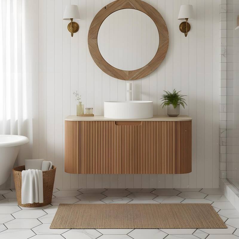 Wall Mounted Bathroom with White Round Ceramic Basin and Drawer - Light Natural Wood - 36