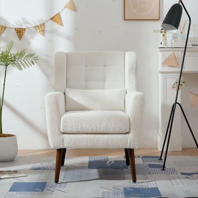 Teddy Fabric Accent Chair, Upholstered Single Sofa Chair, Lounge Reading Chair with Pillow Backrest & Tapered Wooden Legs