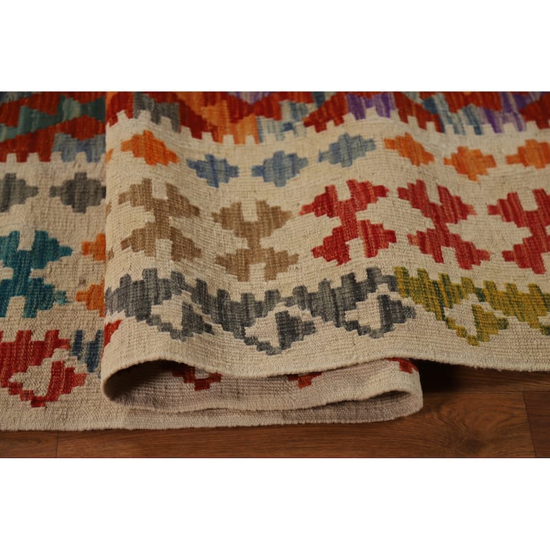 All-Over Geometric Kilim Oriental Area Rug Hand-Woven Wool Carpet - 9'2"x 11'3"