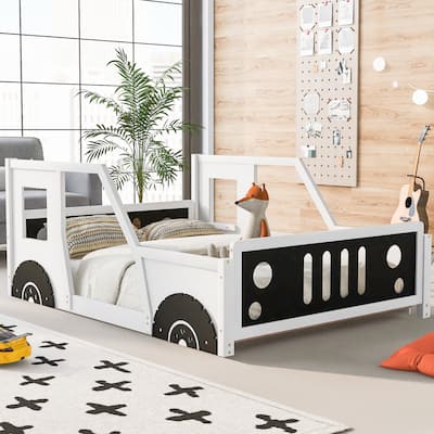 Full Size White Wood Classic Car-Shaped Platform Bed