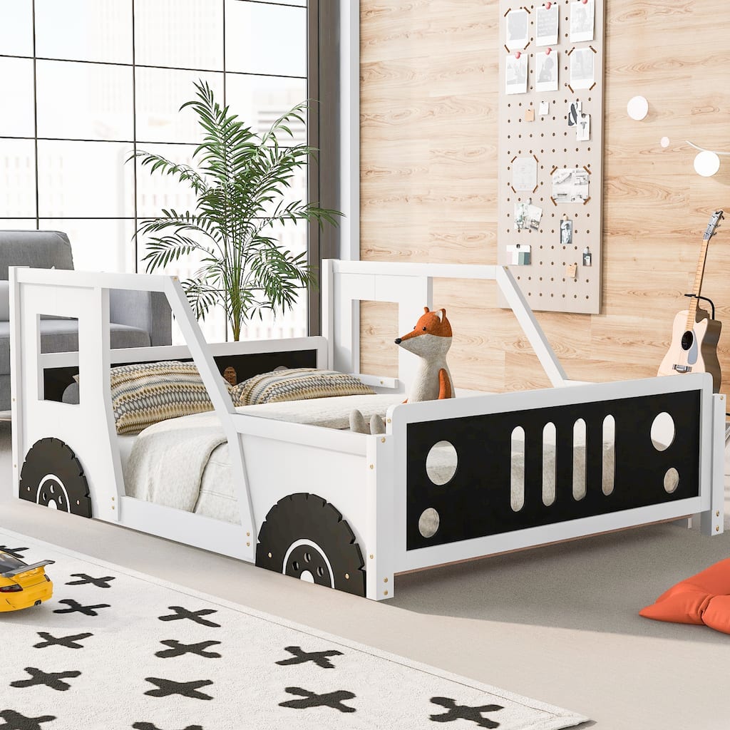 Full Size Classic Car-Shaped Platform Bed with Wheels and Doors, Fun Design