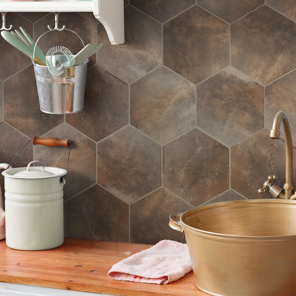 Merola Tile Industrial Hex Copper 8-1/2" x 9-7/8" Porcelain Floor and Wall Tile