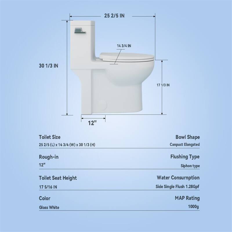 1.28GPF One-Piece Toilet, Elongated ADA, Side Flush, 1000g MAP, White
